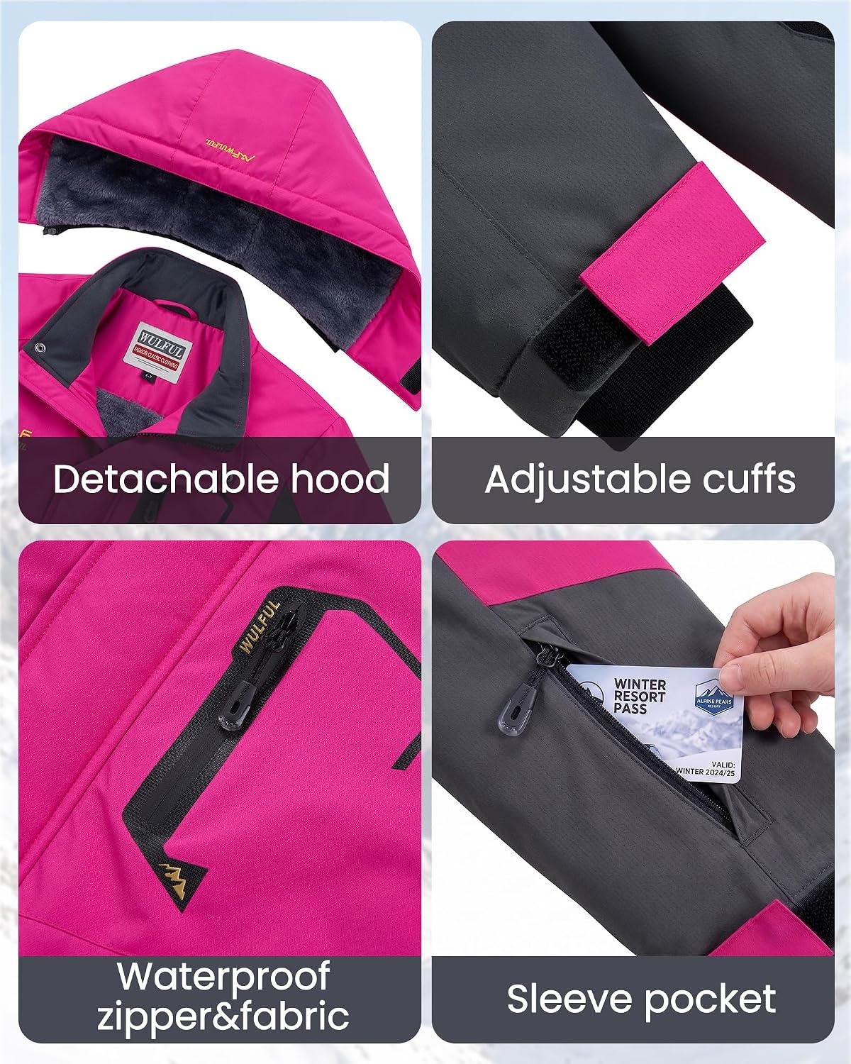 image:imageWULFUL Girls Waterproof Ski Jacket Winter Warm Fleece Lined Snow Coat with Removable Hood for Kids Skiing SnowboardingRose Red