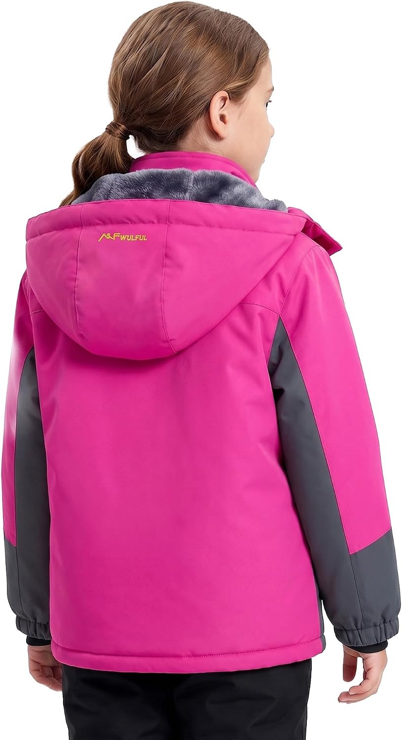 image:imageWULFUL Girls Waterproof Ski Jacket Winter Warm Fleece Lined Snow Coat with Removable Hood for Kids Skiing SnowboardingRose Red