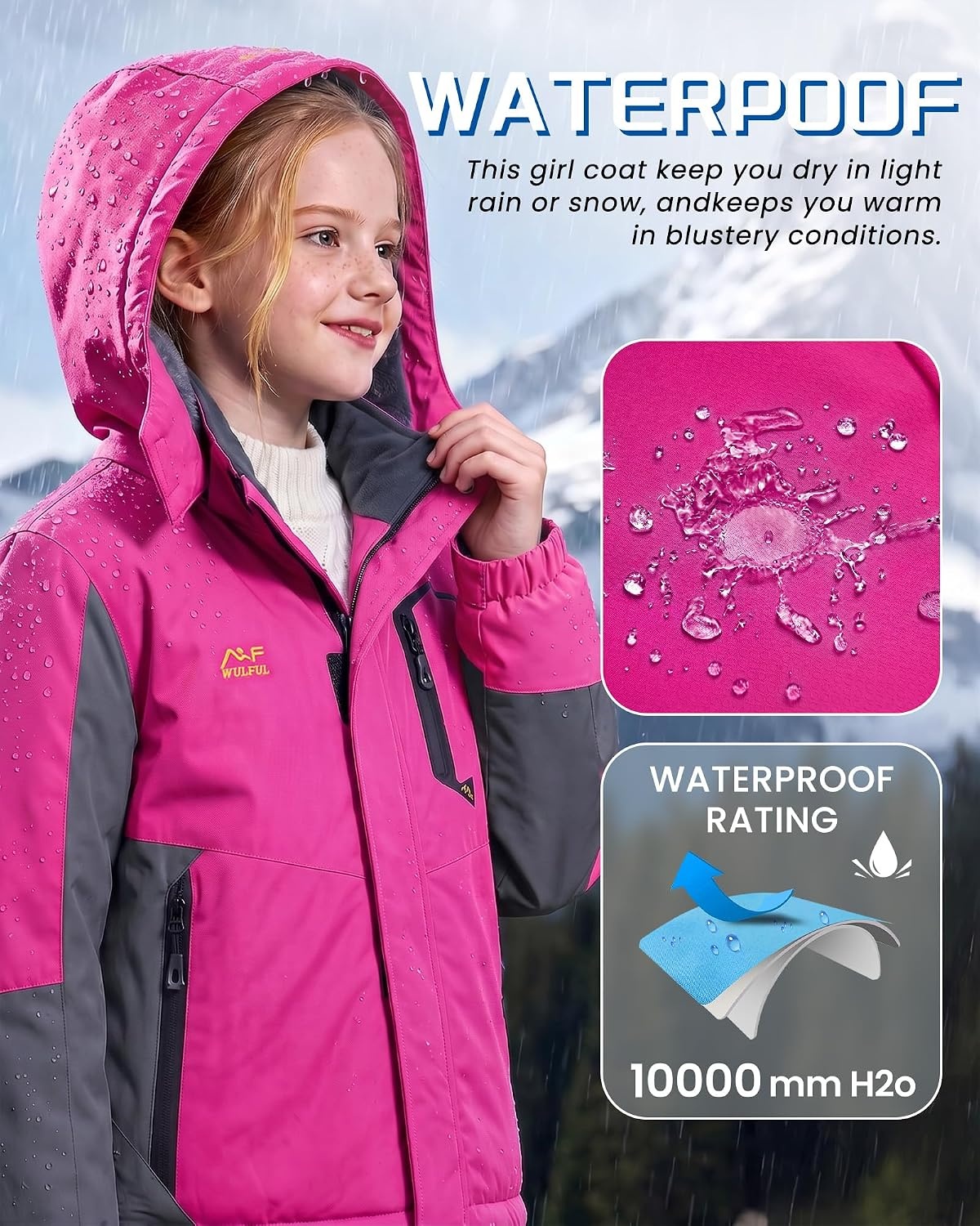 image:imageWULFUL Girls Waterproof Ski Jacket Winter Warm Fleece Lined Snow Coat with Removable Hood for Kids Skiing SnowboardingRose Red