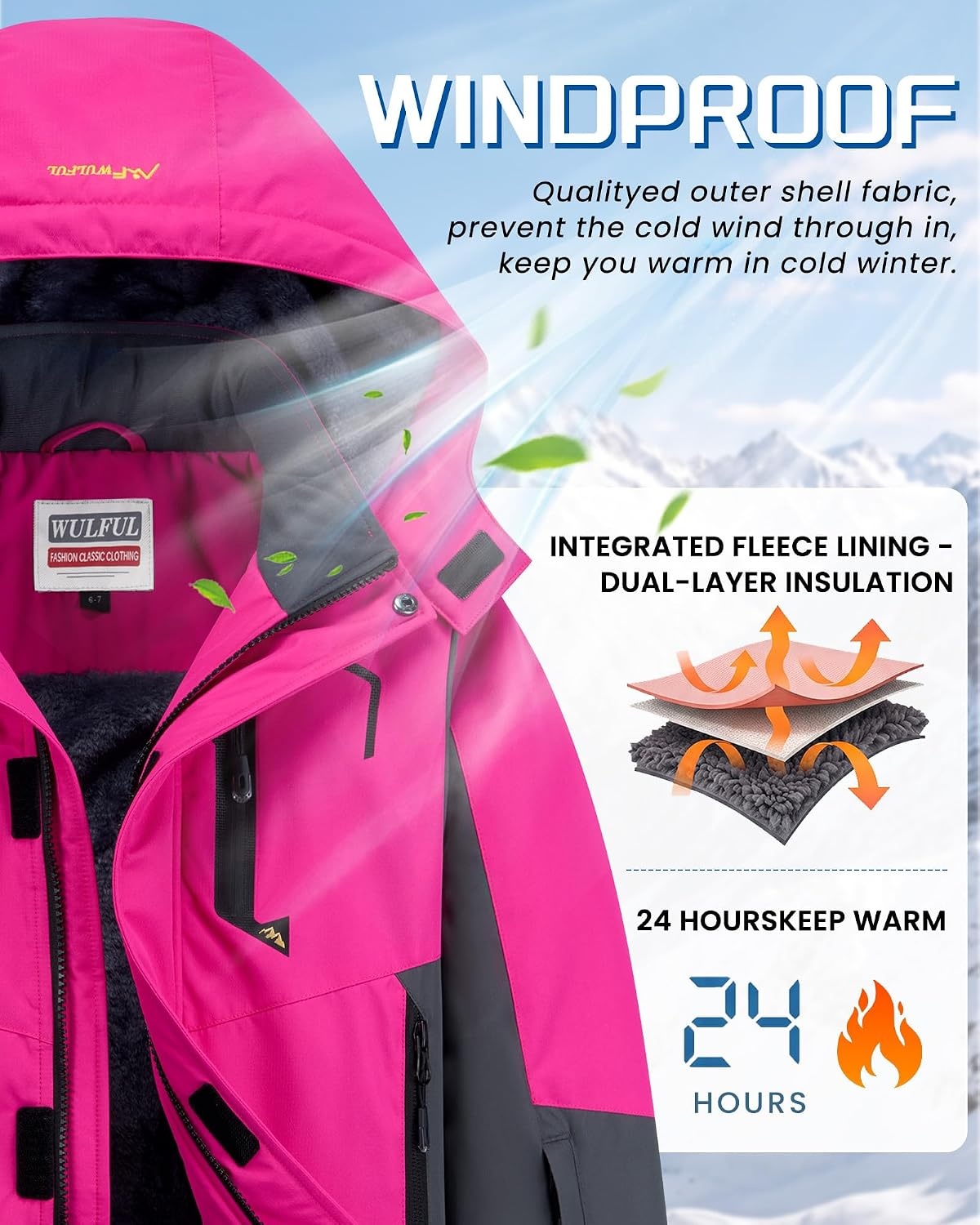 image:imageWULFUL Girls Waterproof Ski Jacket Winter Warm Fleece Lined Snow Coat with Removable Hood for Kids Skiing SnowboardingRose Red