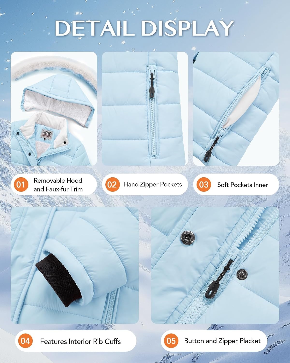 image:imageWULFUL Girls Winter Coats Fleece lined Puffer Jackets Kids Warm Outerwear With Detachable HoodLight Blue