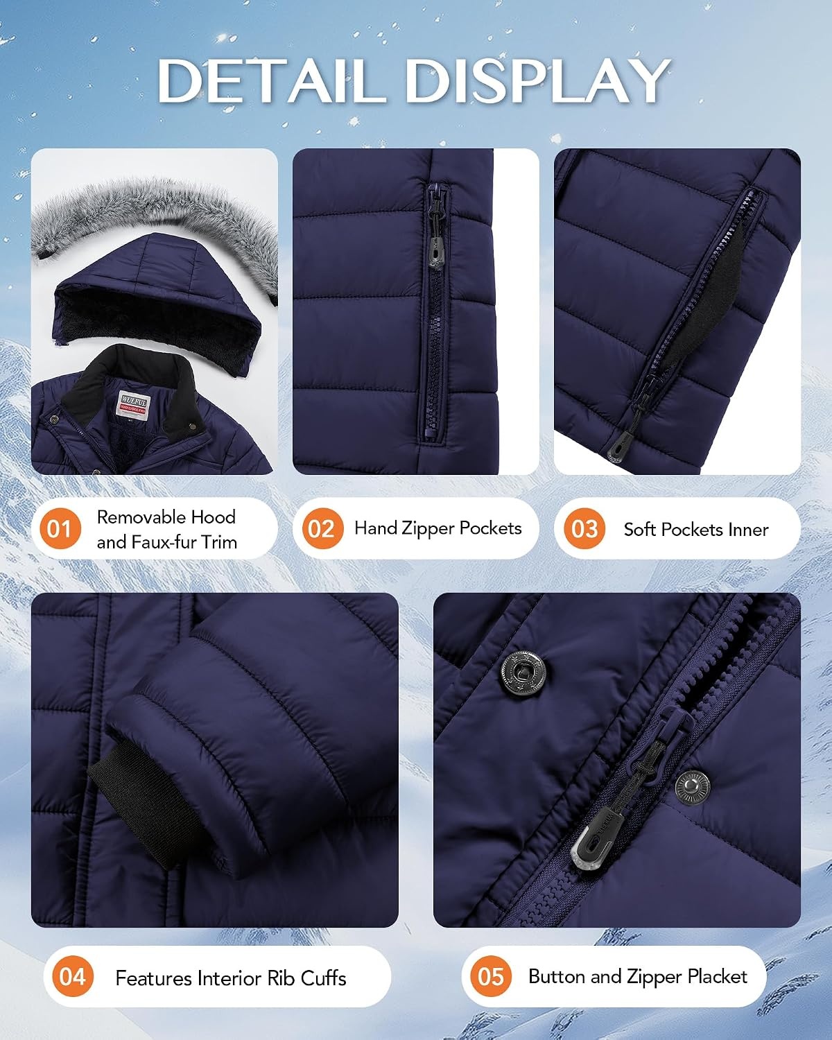 image:imageWULFUL Girls Winter Coats Fleece lined Puffer Jackets Kids Warm Outerwear With Detachable HoodNavy