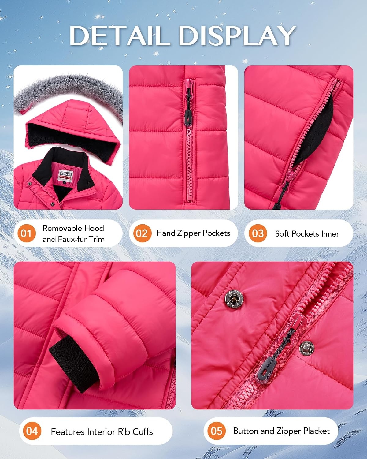 image:imageWULFUL Girls Winter Coats Fleece lined Puffer Jackets Kids Warm Outerwear With Detachable HoodRose Red