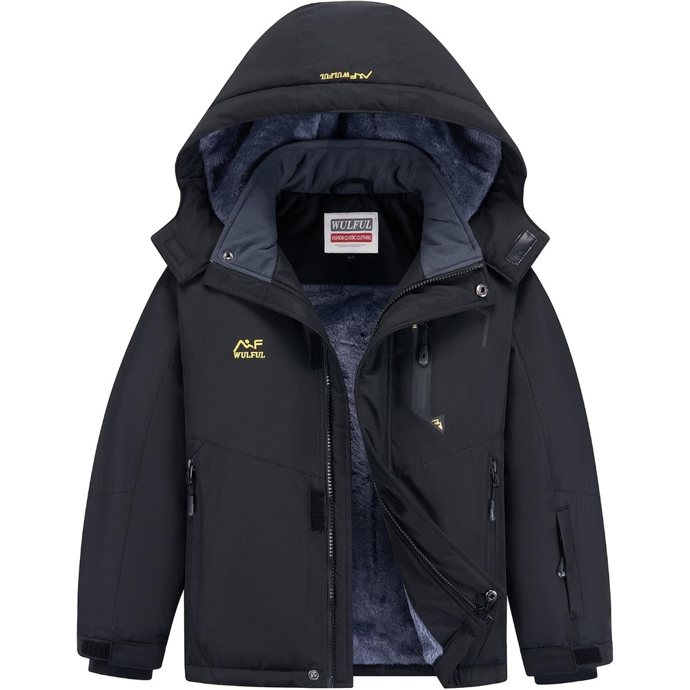 image:imageWULFUL Girls Waterproof Ski Jacket Winter Warm Fleece Lined Snow Coat with Removable Hood for Kids Skiing SnowboardingBlack