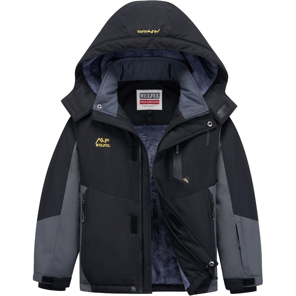 image:imageWULFUL Girls Waterproof Ski Jacket Winter Warm Fleece Lined Snow Coat with Removable Hood for Kids Skiing SnowboardingBlackgrey