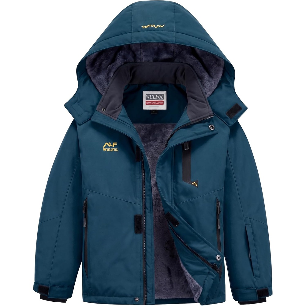 image:imageWULFUL Girls Waterproof Ski Jacket Winter Warm Fleece Lined Snow Coat with Removable Hood for Kids Skiing SnowboardingBlue
