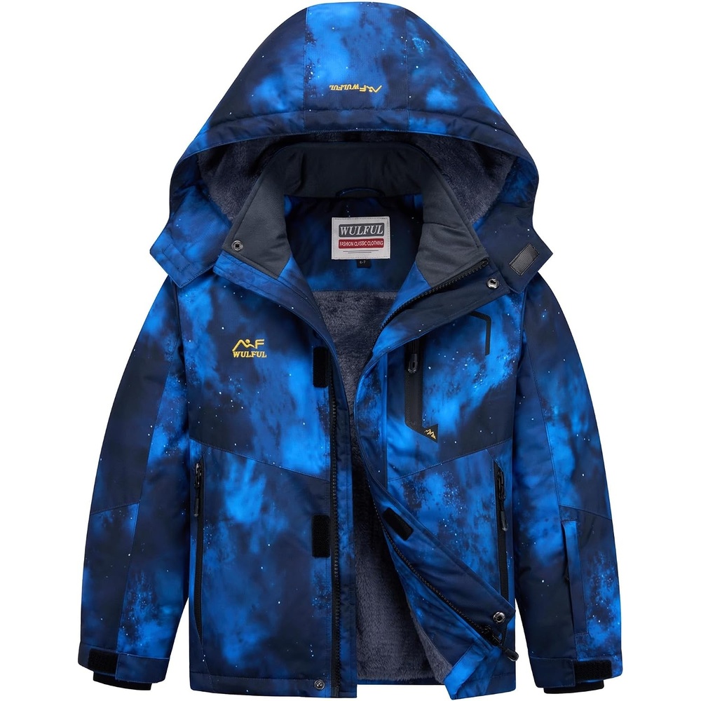 image:imageWULFUL Girls Waterproof Ski Jacket Winter Warm Fleece Lined Snow Coat with Removable Hood for Kids Skiing SnowboardingBlue Star