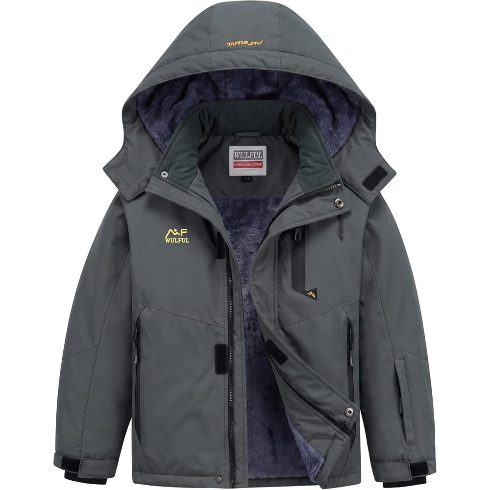 image:imageWULFUL Girls Waterproof Ski Jacket Winter Warm Fleece Lined Snow Coat with Removable Hood for Kids Skiing SnowboardingDark Grey