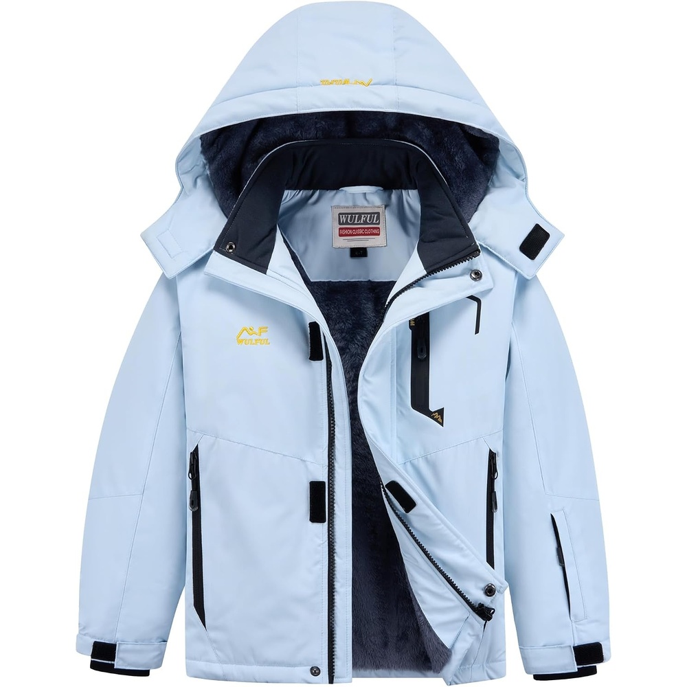 image:imageWULFUL Girls Waterproof Ski Jacket Winter Warm Fleece Lined Snow Coat with Removable Hood for Kids Skiing SnowboardingLight Blue