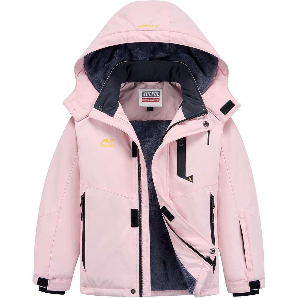 image:imageWULFUL Girls Waterproof Ski Jacket Winter Warm Fleece Lined Snow Coat with Removable Hood for Kids Skiing SnowboardingLight Pink