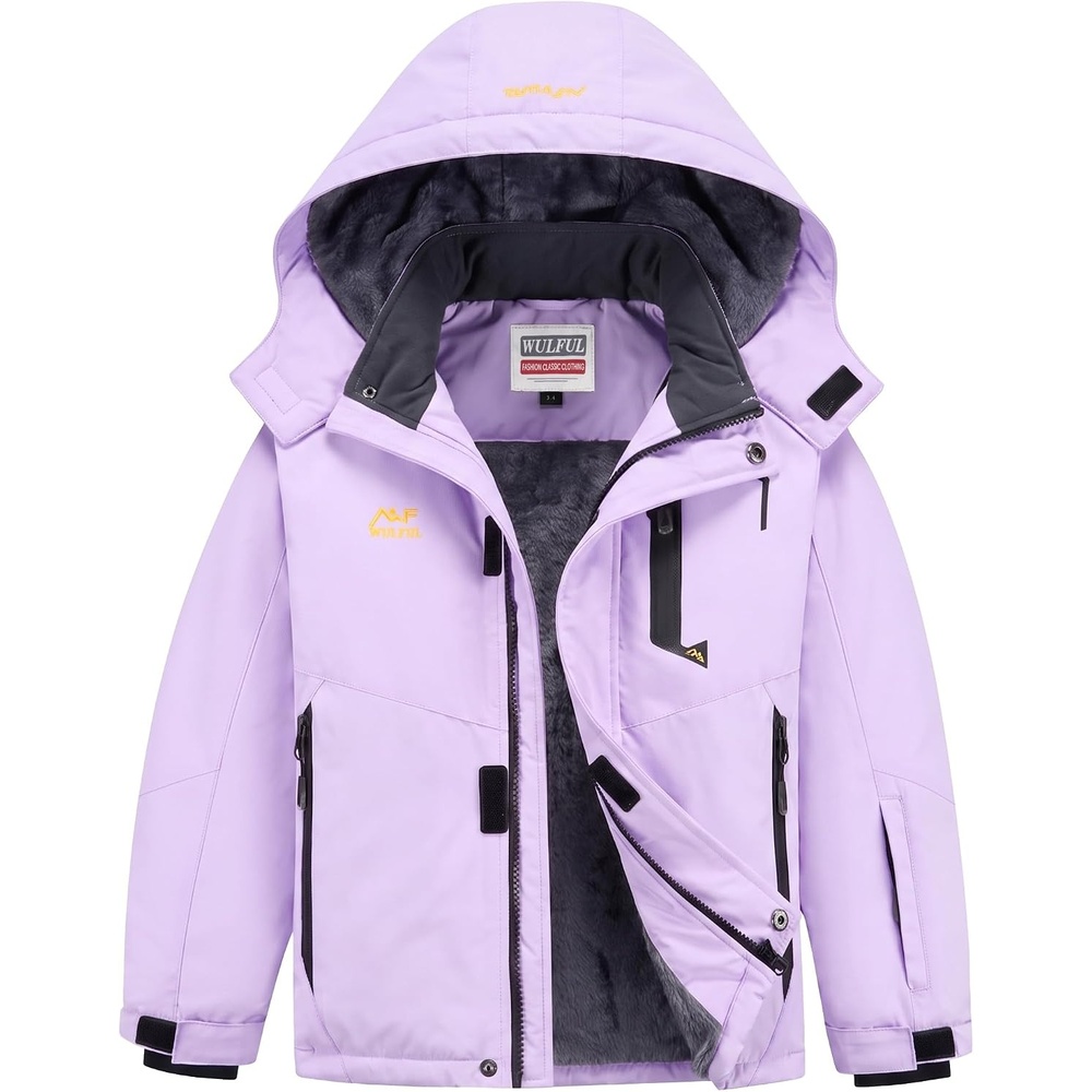 image:imageWULFUL Girls Waterproof Ski Jacket Winter Warm Fleece Lined Snow Coat with Removable Hood for Kids Skiing SnowboardingLight Purple