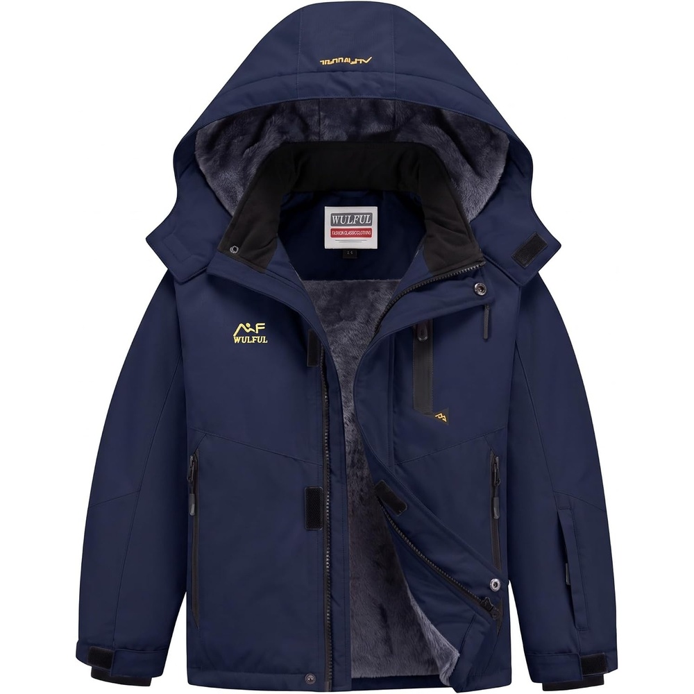 image:imageWULFUL Girls Waterproof Ski Jacket Winter Warm Fleece Lined Snow Coat with Removable Hood for Kids Skiing SnowboardingNavy