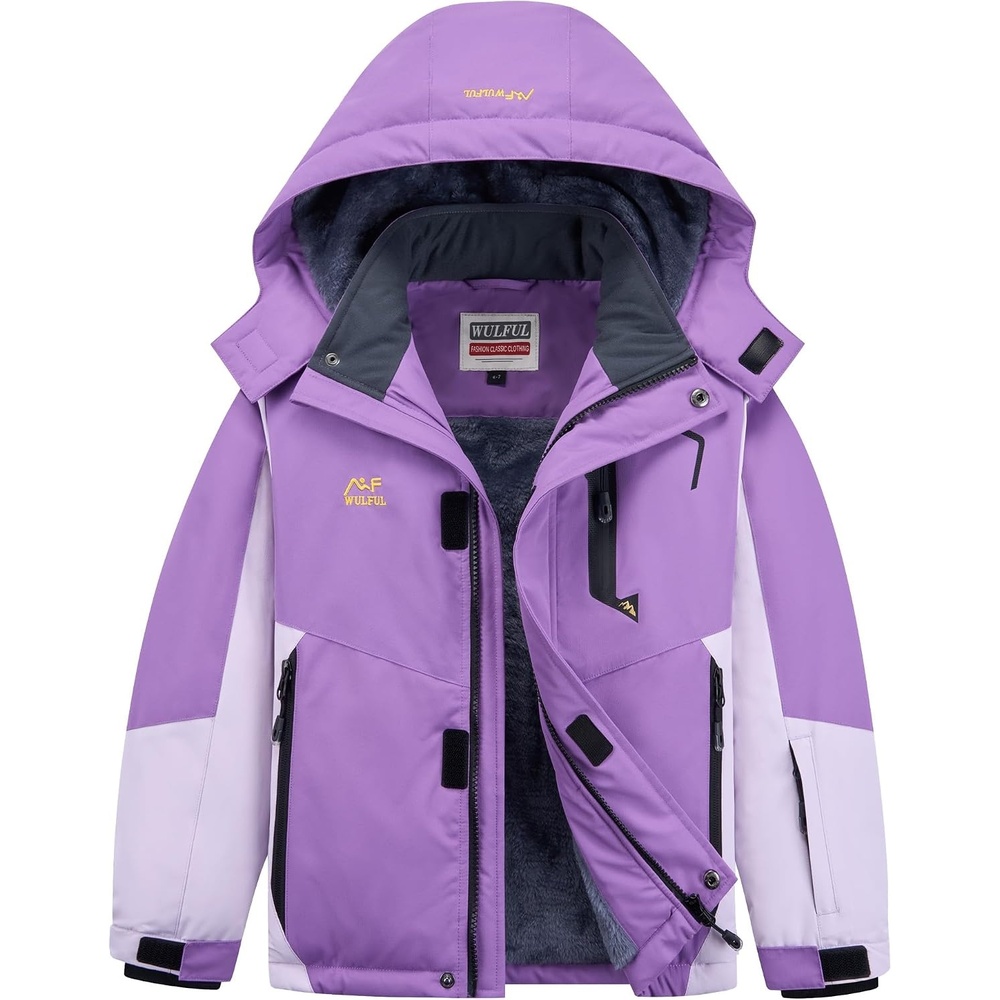 image:imageWULFUL Girls Waterproof Ski Jacket Winter Warm Fleece Lined Snow Coat with Removable Hood for Kids Skiing SnowboardingPurple