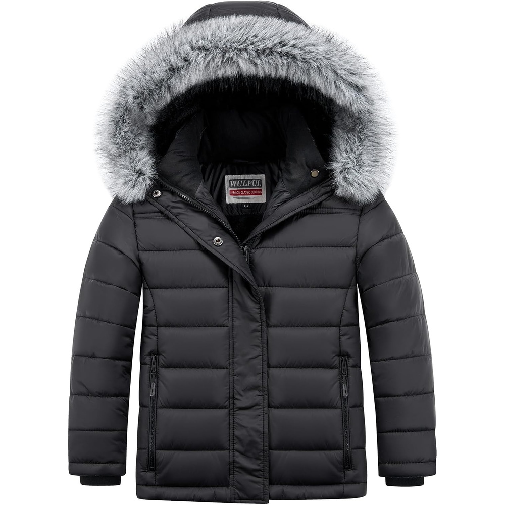 image:imageWULFUL Girls Winter Coats Fleece lined Puffer Jackets Kids Warm Outerwear With Detachable HoodBlack