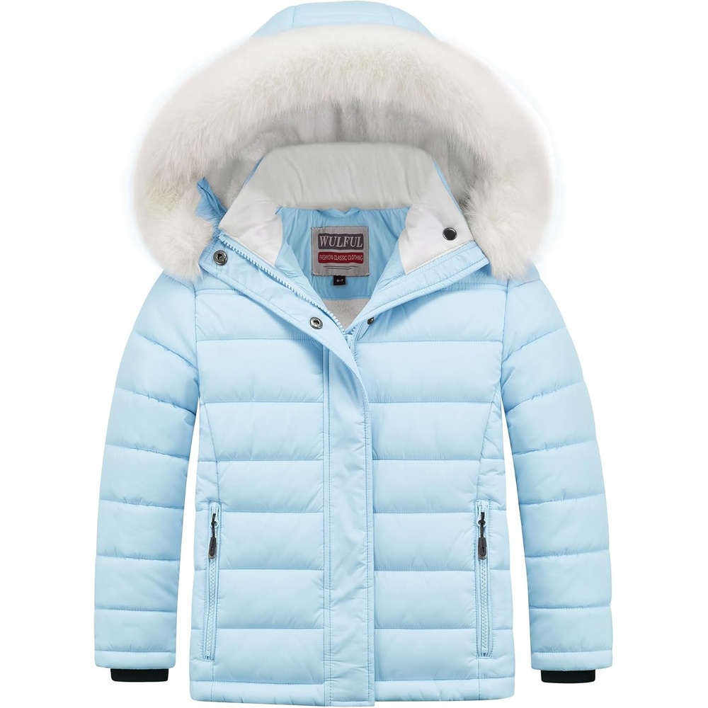 image:imageWULFUL Girls Winter Coats Fleece lined Puffer Jackets Kids Warm Outerwear With Detachable HoodLight Blue