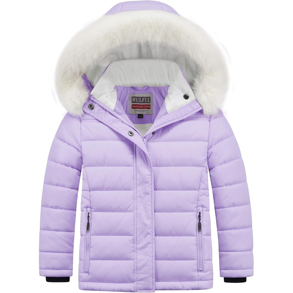 image:imageWULFUL Girls Winter Coats Fleece lined Puffer Jackets Kids Warm Outerwear With Detachable HoodLight Purple