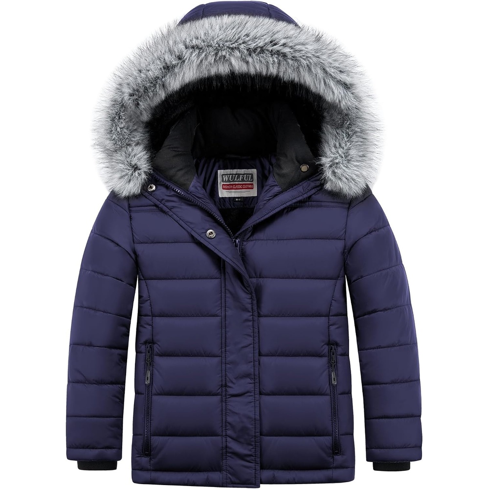 image:imageWULFUL Girls Winter Coats Fleece lined Puffer Jackets Kids Warm Outerwear With Detachable HoodNavy