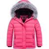 WULFUL Girls Winter Coats Fleece lined Puffer Jackets Kids Warm Outerwear With Detachable Hood(Rose Red)