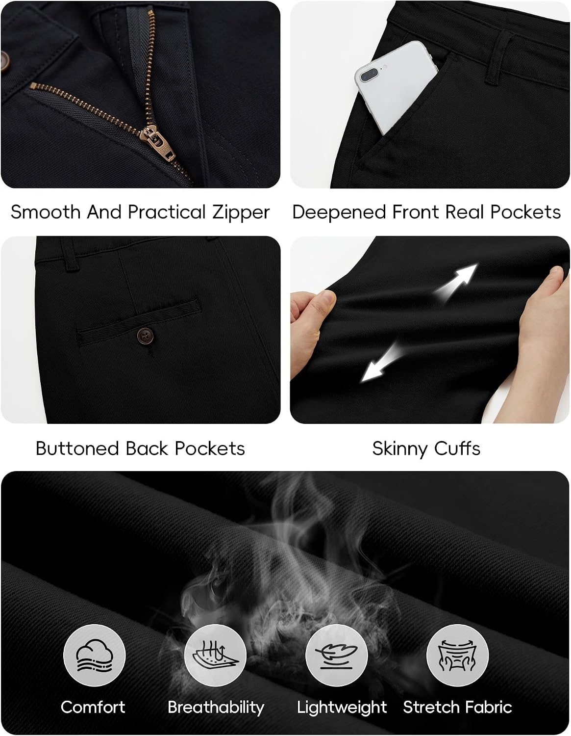 image:imageWULFUL Mens Slim Fit Skinny Stretch Dress Pants Formal Casual Golf Work Slacks TrousersBlack