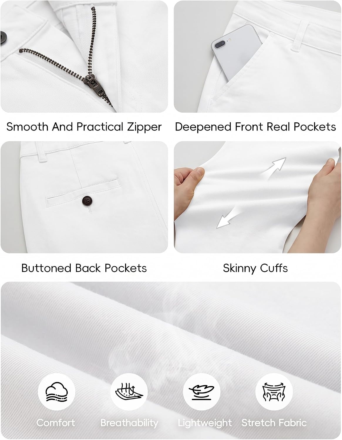 image:imageWULFUL Mens Slim Fit Skinny Stretch Dress Pants Formal Casual Golf Work Slacks TrousersWhite