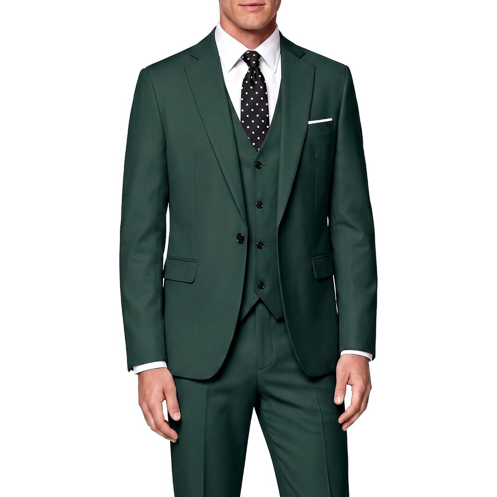 image:imageWULFUL Mens 3 Piece Suit Set Slim Fit 2 Button Blazer Business Tuxedo Vest Jacket Pants Formal Wedding PromDark Green