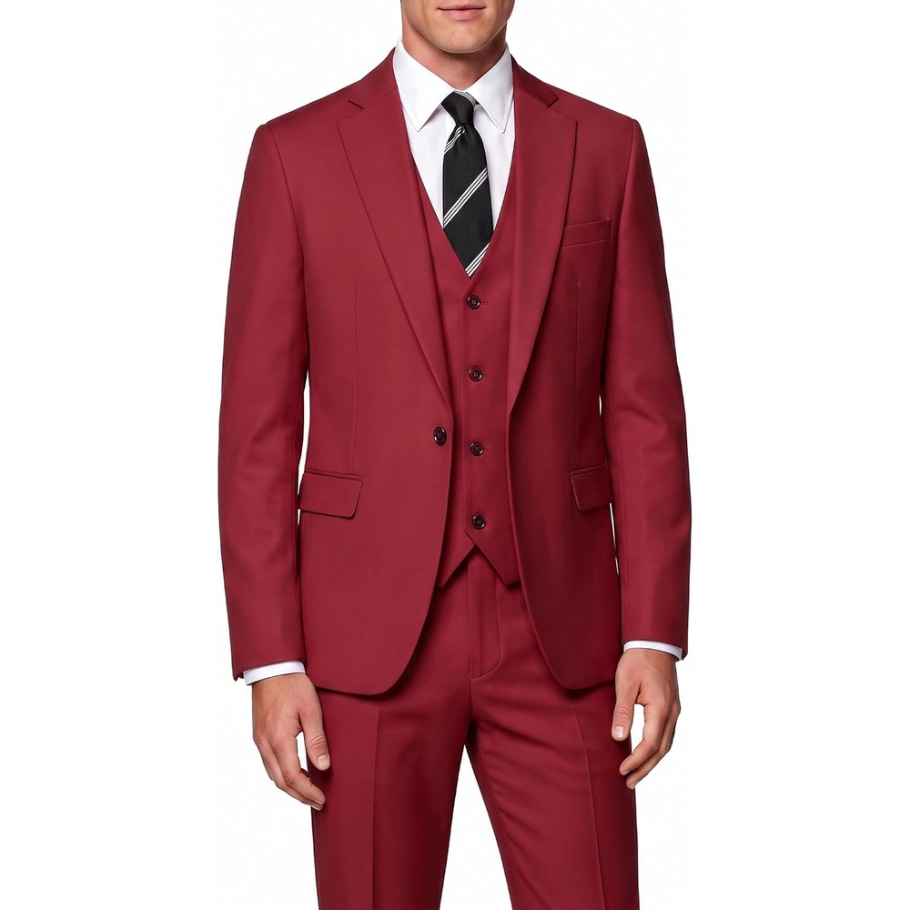 image:imageWULFUL Mens 3 Piece Suit Set Slim Fit 2 Button Blazer Business Tuxedo Vest Jacket Pants Formal Wedding PromRed