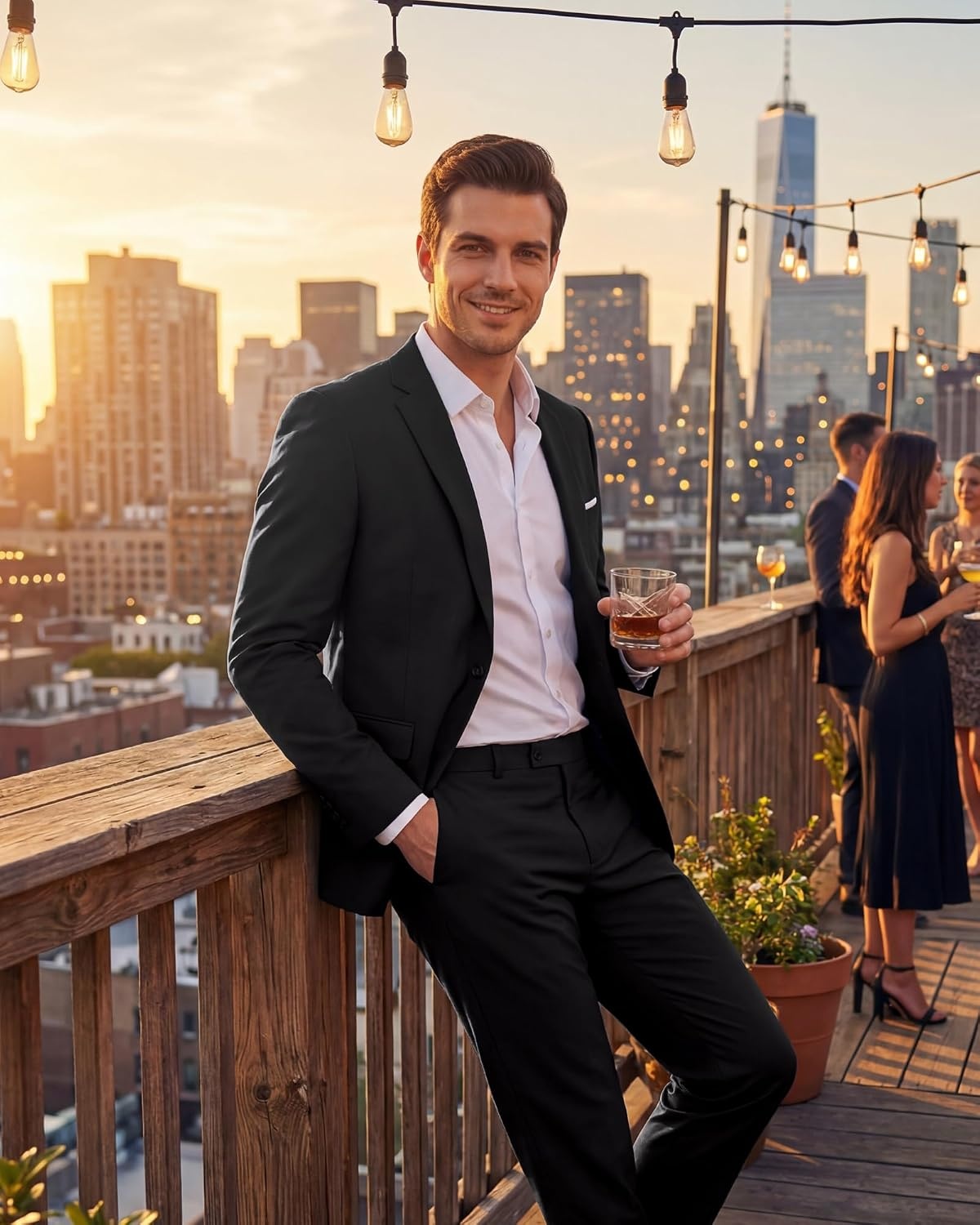 image:imageWULFUL Mens 2 Piece Suit One Button Slim Fit Solid Jacket and Pants Set Suits for Men Prom Party Wedding amp BusinessBlack