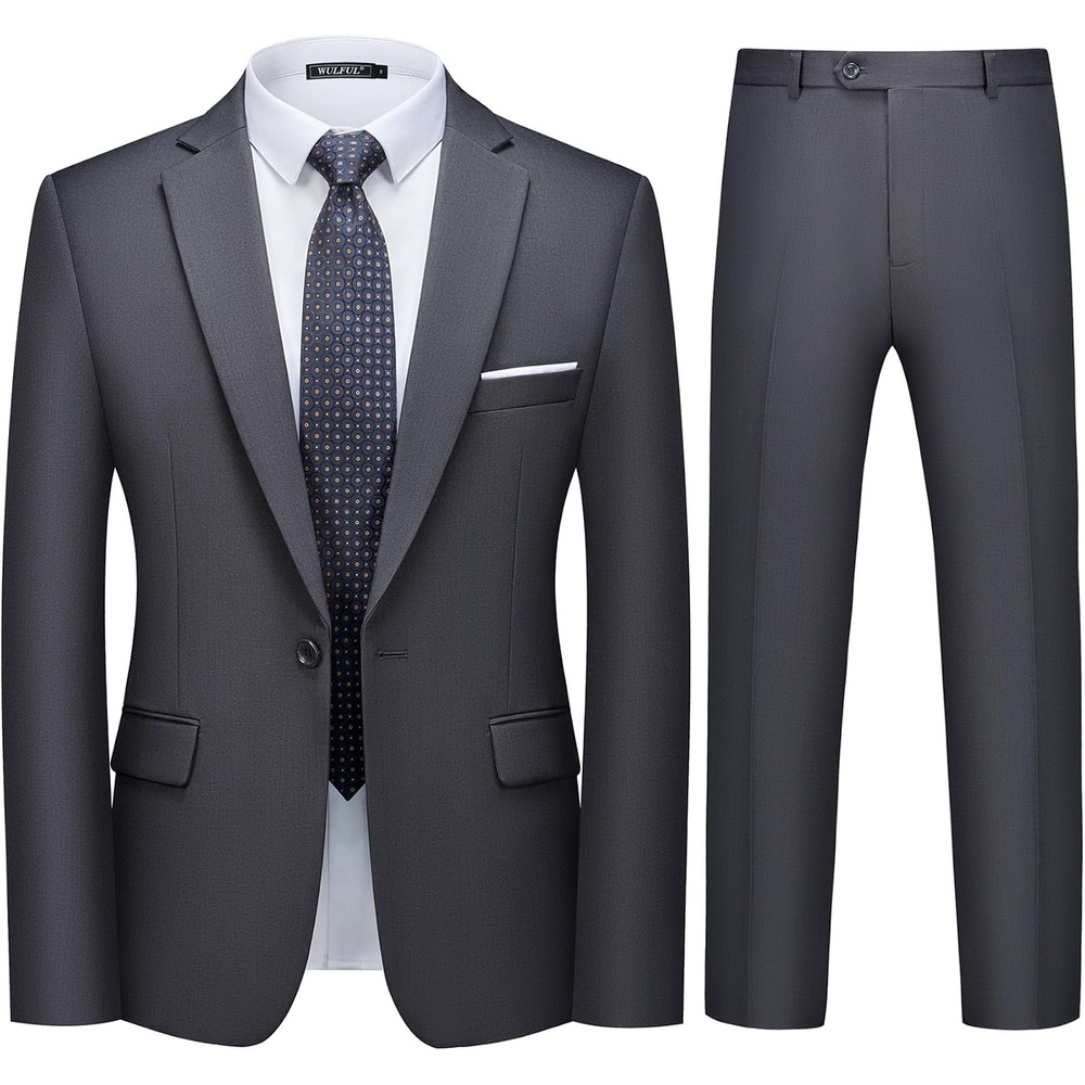 image:imageWULFUL Mens 2 Piece Suit One Button Slim Fit Solid Jacket and Pants Set Suits for Men Prom Party Wedding amp BusinessDark Grey