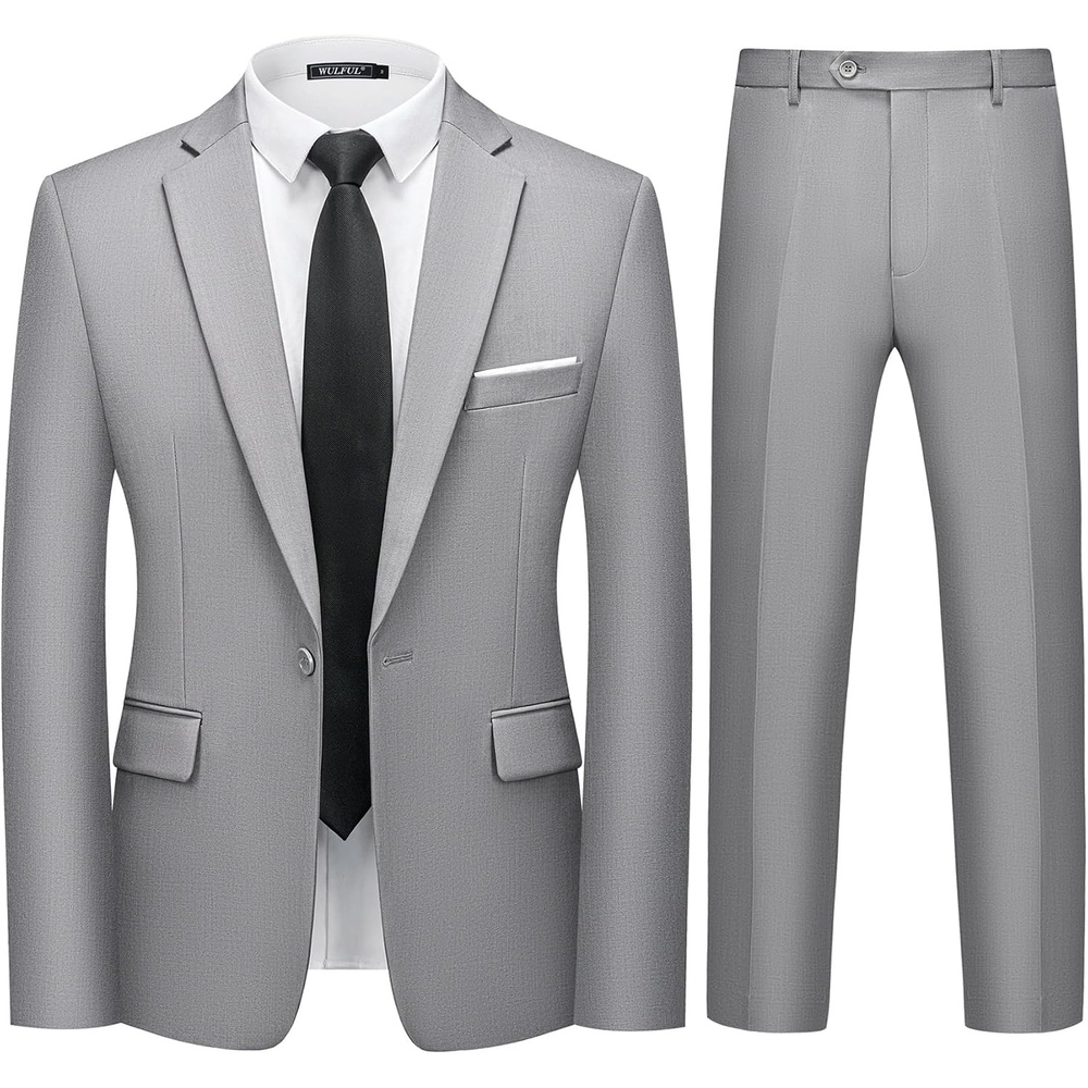 image:imageWULFUL Mens 2 Piece Suit One Button Slim Fit Solid Jacket and Pants Set Suits for Men Prom Party Wedding amp BusinessLight Gray