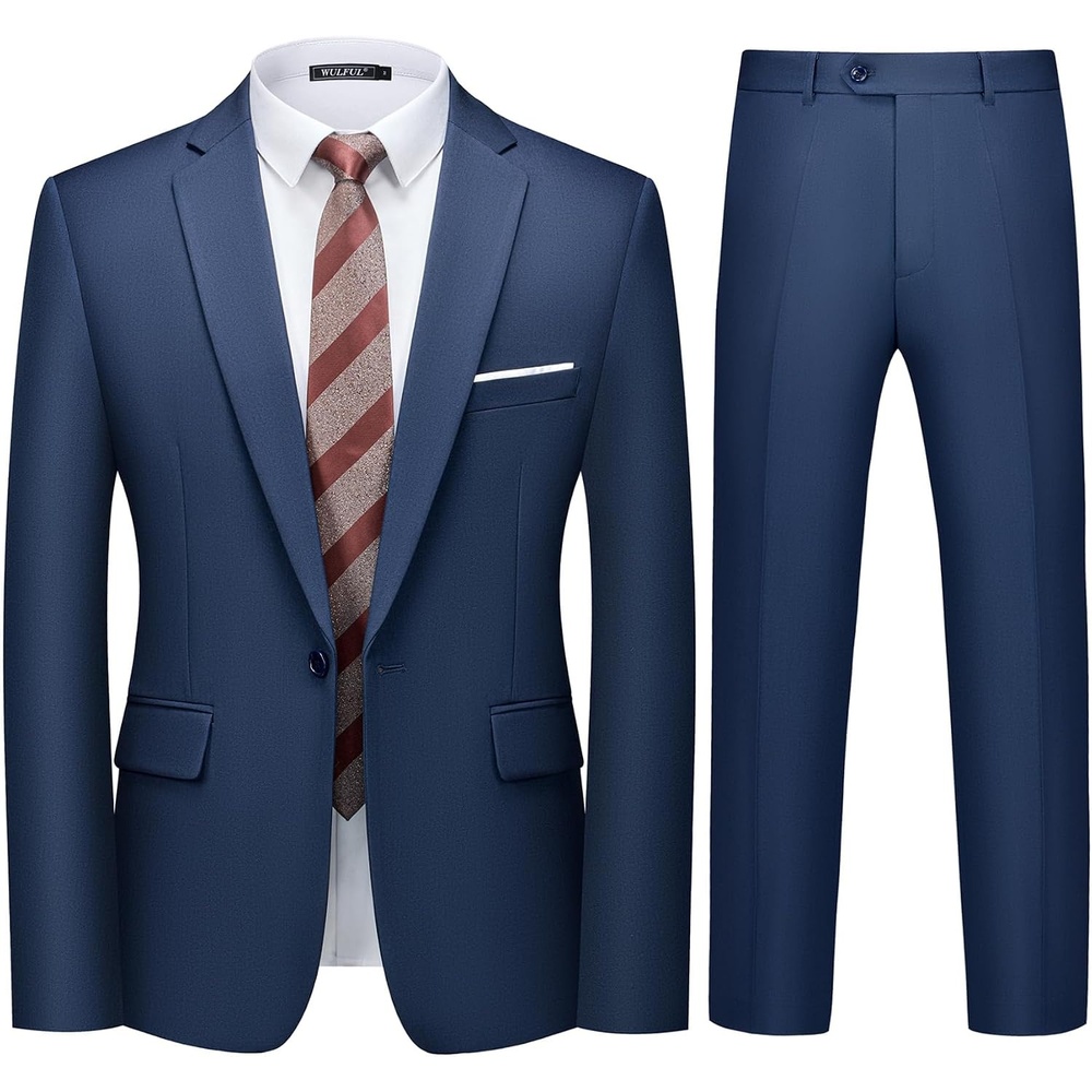 image:imageWULFUL Mens 2 Piece Suit One Button Slim Fit Solid Jacket and Pants Set Suits for Men Prom Party Wedding amp BusinessNavy