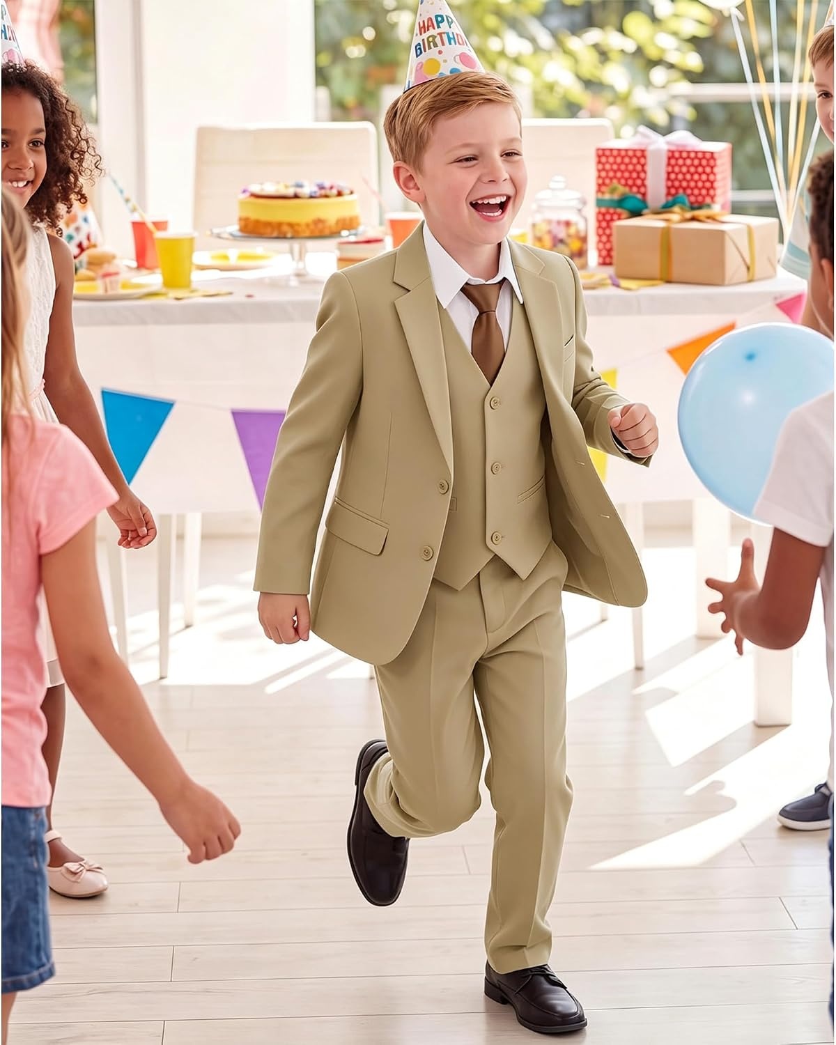 image:imageWULFUL Boys Formal Suit SetSlim Fit Tuxedo Wedding Suit 616 Years with Adjustable WaistKhaki