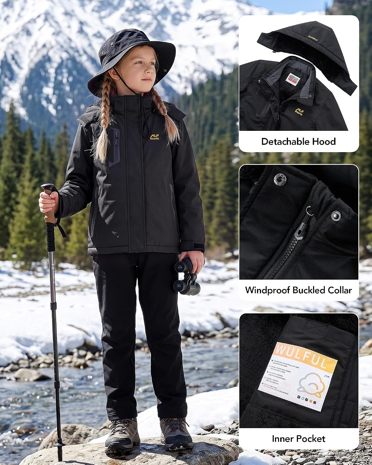 image:imageWULFUL Girls Waterproof Ski Jacket Winter Warm Fleece Lined Snow Coat with Removable HoodBlack
