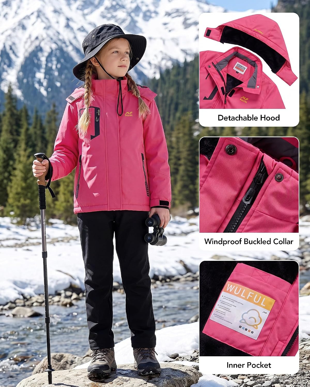 image:imageWULFUL Girls Waterproof Ski Jacket Winter Warm Fleece Lined Snow Coat with Removable HoodHot Pink