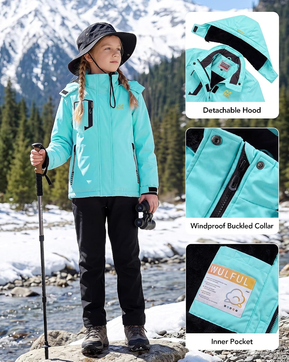 image:imageWULFUL Girls Waterproof Ski Jacket Winter Warm Fleece Lined Snow Coat with Removable HoodLight Blue