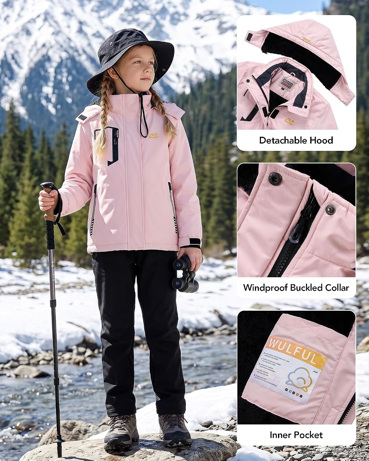 image:imageWULFUL Girls Waterproof Ski Jacket Winter Warm Fleece Lined Snow Coat with Removable HoodLight Pink