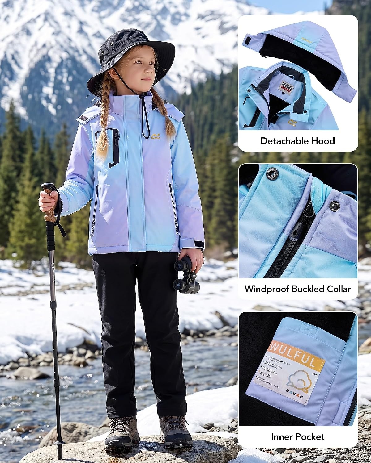 image:imageWULFUL Girls Waterproof Ski Jacket Winter Warm Fleece Lined Snow Coat with Removable HoodMint Green Lavender