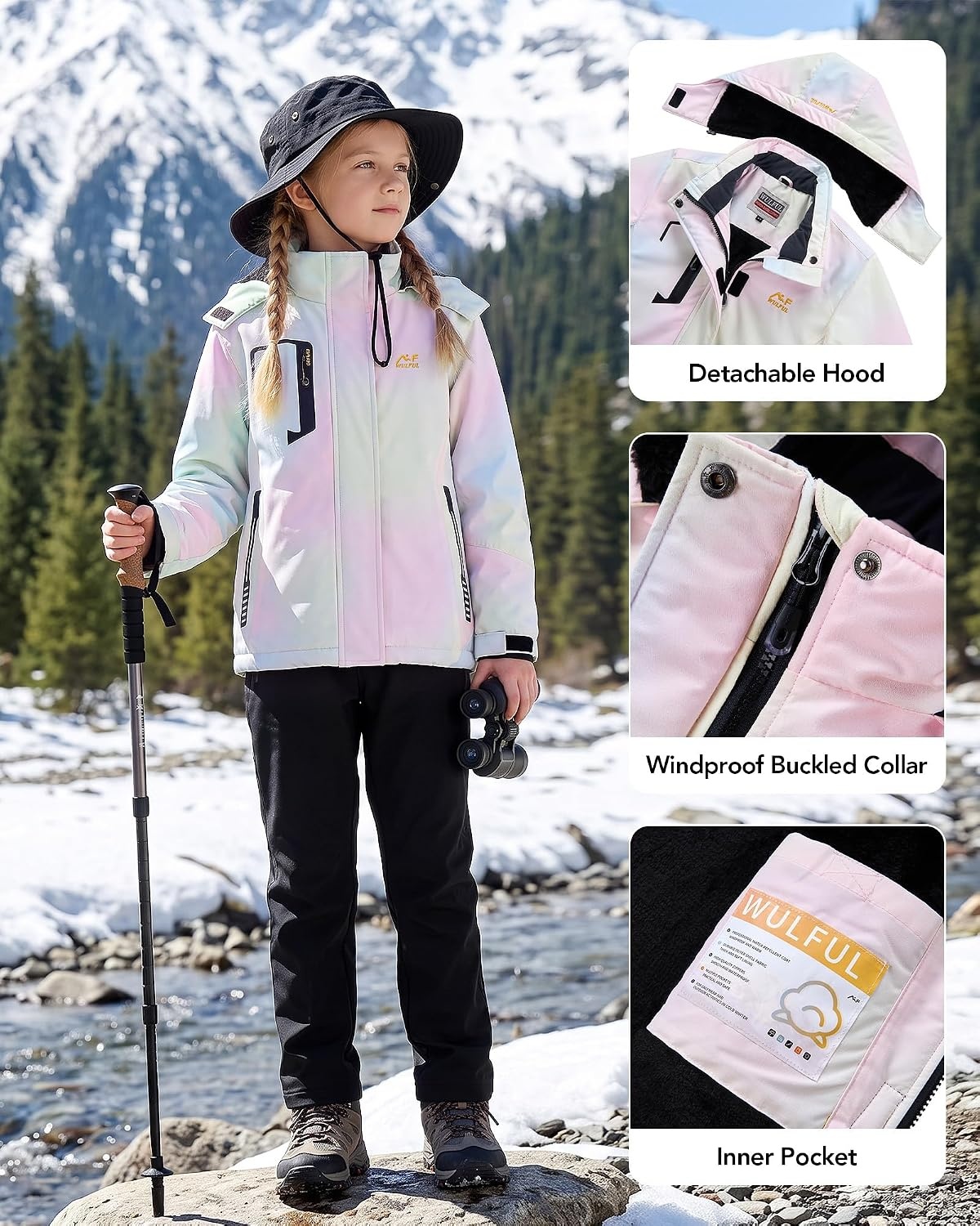 image:imageWULFUL Girls Waterproof Ski Jacket Winter Warm Fleece Lined Snow Coat with Removable HoodPastel Rainbow Tiedye