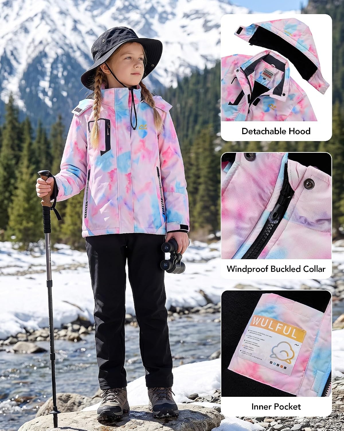 image:imageWULFUL Girls Waterproof Ski Jacket Winter Warm Fleece Lined Snow Coat with Removable HoodPastel Tiedye