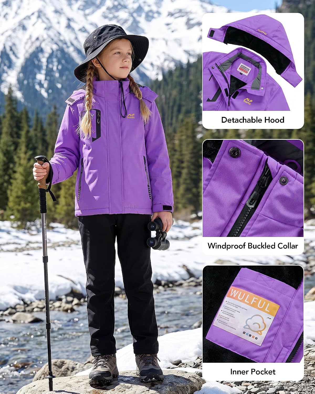 image:imageWULFUL Girls Waterproof Ski Jacket Winter Warm Fleece Lined Snow Coat with Removable HoodPurple