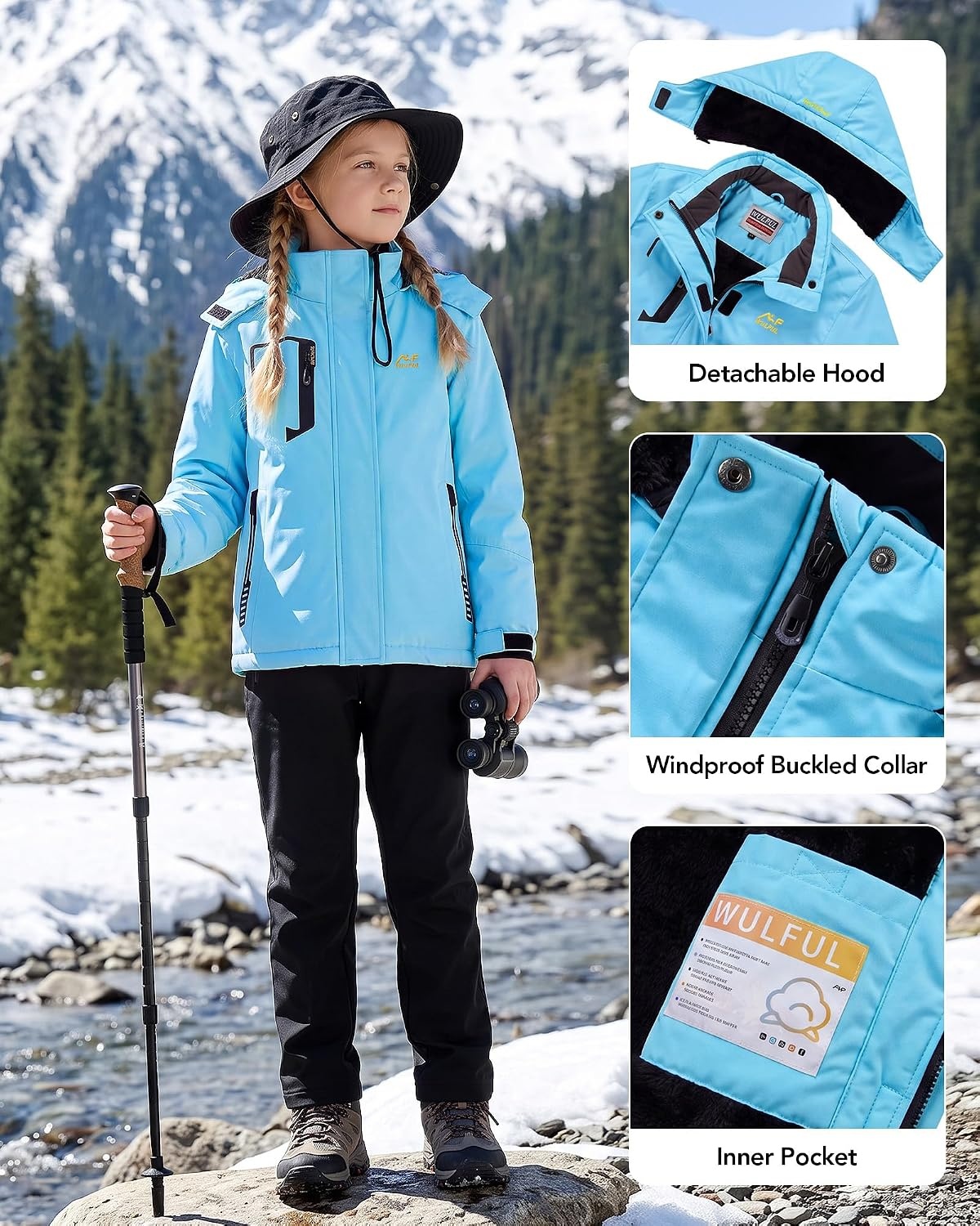 image:imageWULFUL Girls Waterproof Ski Jacket Winter Warm Fleece Lined Snow Coat with Removable HoodTeal Blue