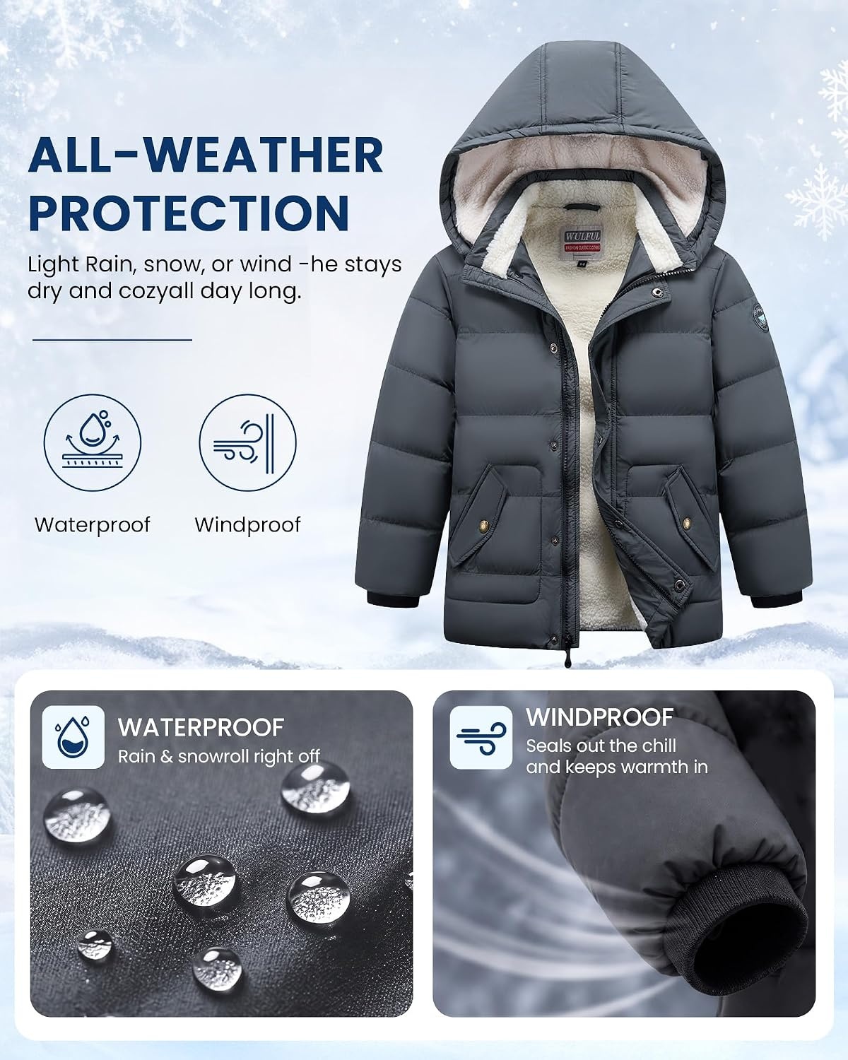 image:imageWULFUL Kids Boys Winter Coat Fleece Lined Waterproof Jacket Thick Hooded Puffer Cotton Parka Down Outdoor CoatsDark Grey