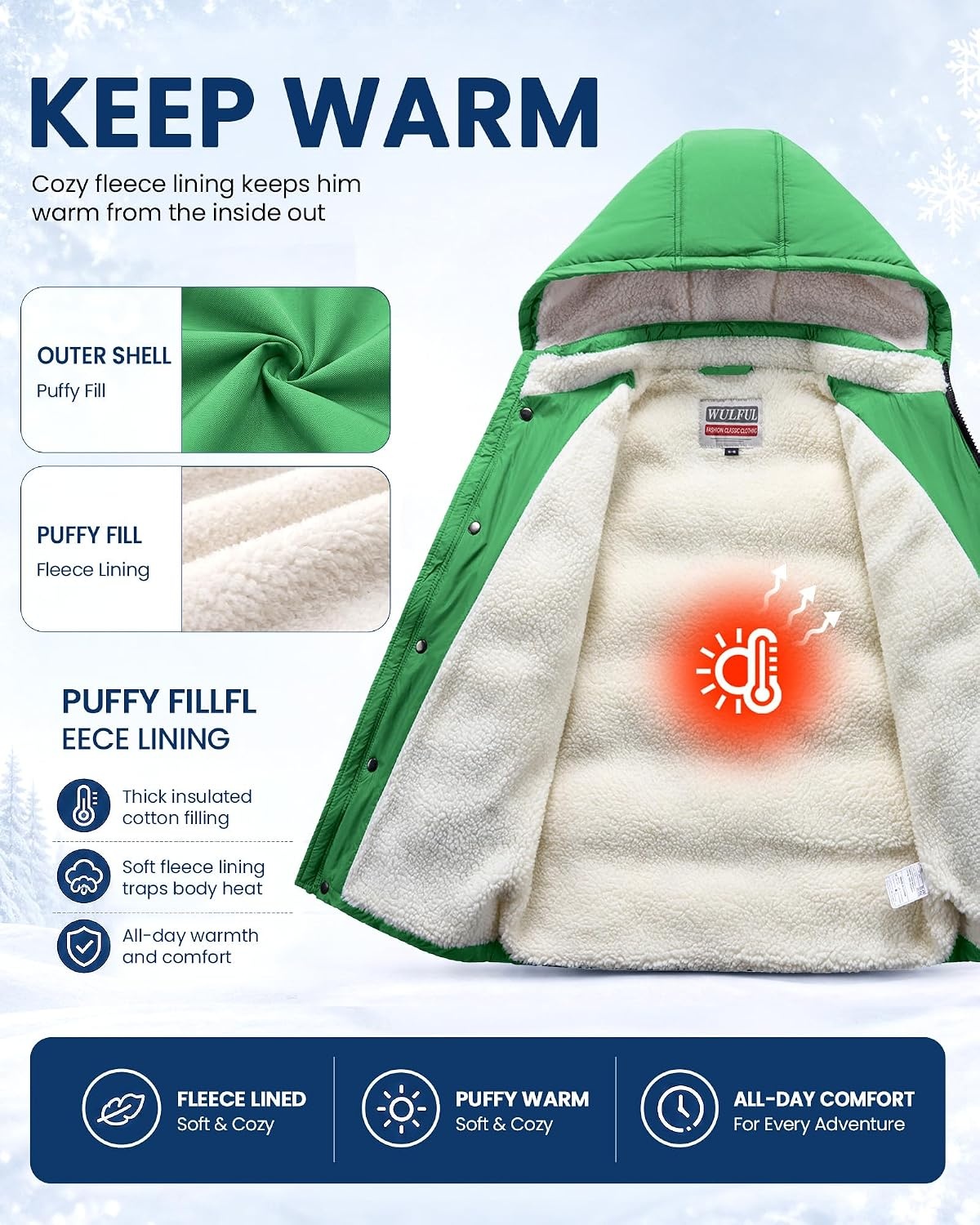 image:imageWULFUL Kids Boys Winter Coat Fleece Lined Waterproof Jacket Thick Hooded Puffer Cotton Parka Down Outdoor CoatsGreen