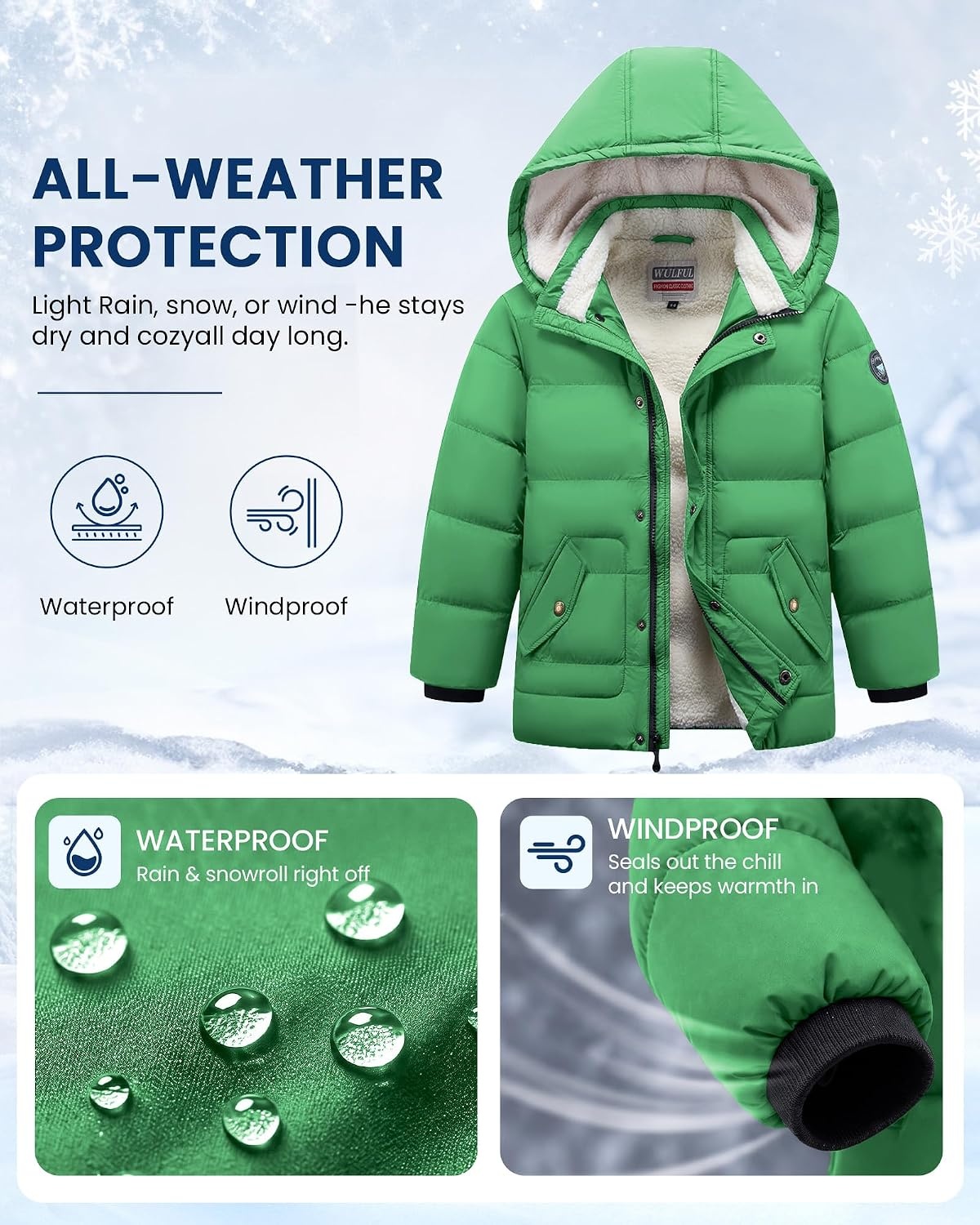 image:imageWULFUL Kids Boys Winter Coat Fleece Lined Waterproof Jacket Thick Hooded Puffer Cotton Parka Down Outdoor CoatsGreen