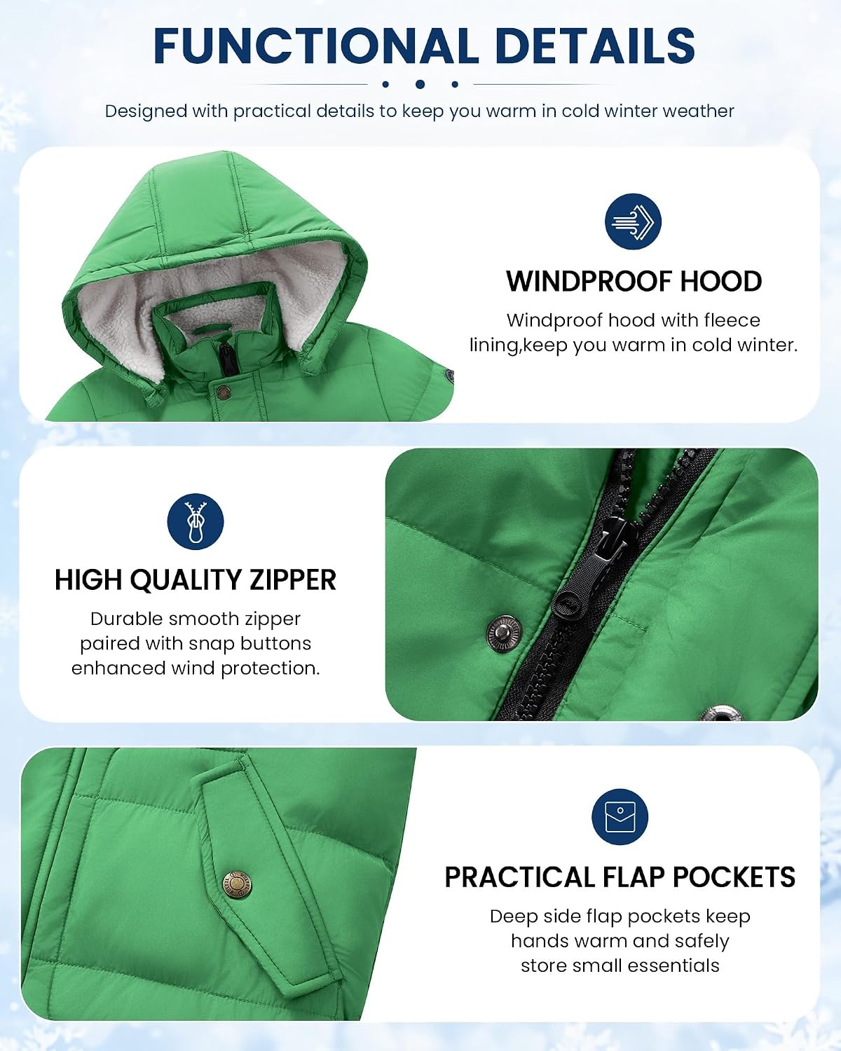 image:imageWULFUL Kids Boys Winter Coat Fleece Lined Waterproof Jacket Thick Hooded Puffer Cotton Parka Down Outdoor CoatsGreen