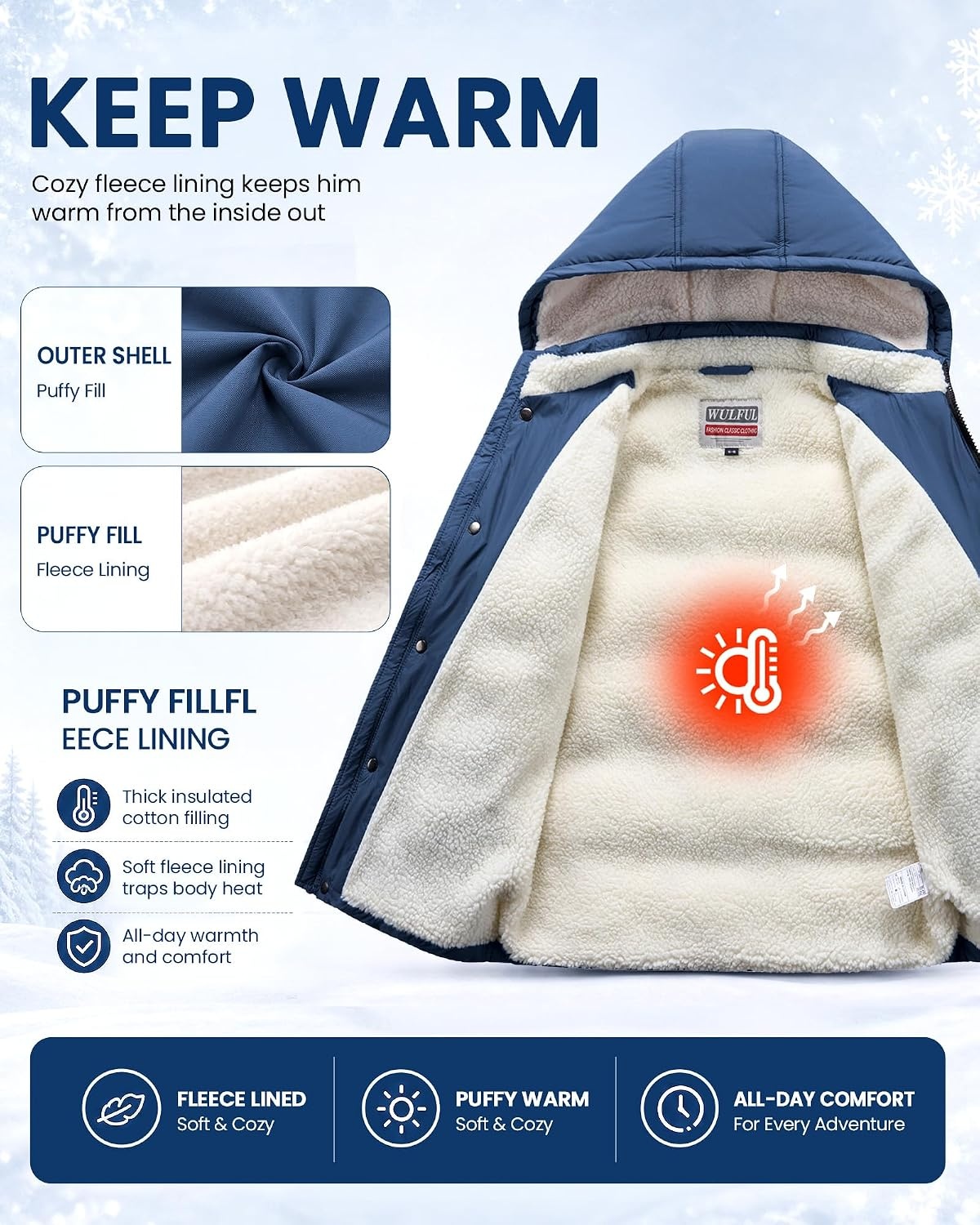 image:imageWULFUL Kids Boys Winter Coat Fleece Lined Waterproof Jacket Thick Hooded Puffer Cotton Parka Down Outdoor CoatsLight Navy