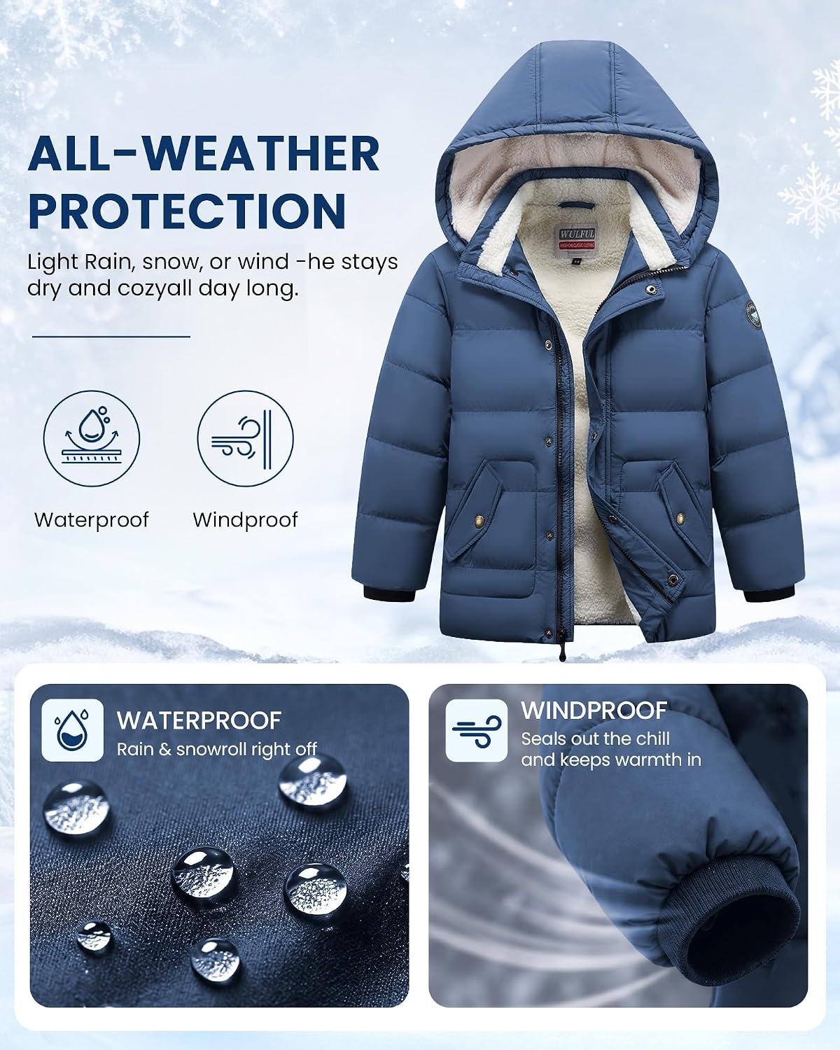 image:imageWULFUL Kids Boys Winter Coat Fleece Lined Waterproof Jacket Thick Hooded Puffer Cotton Parka Down Outdoor CoatsLight Navy