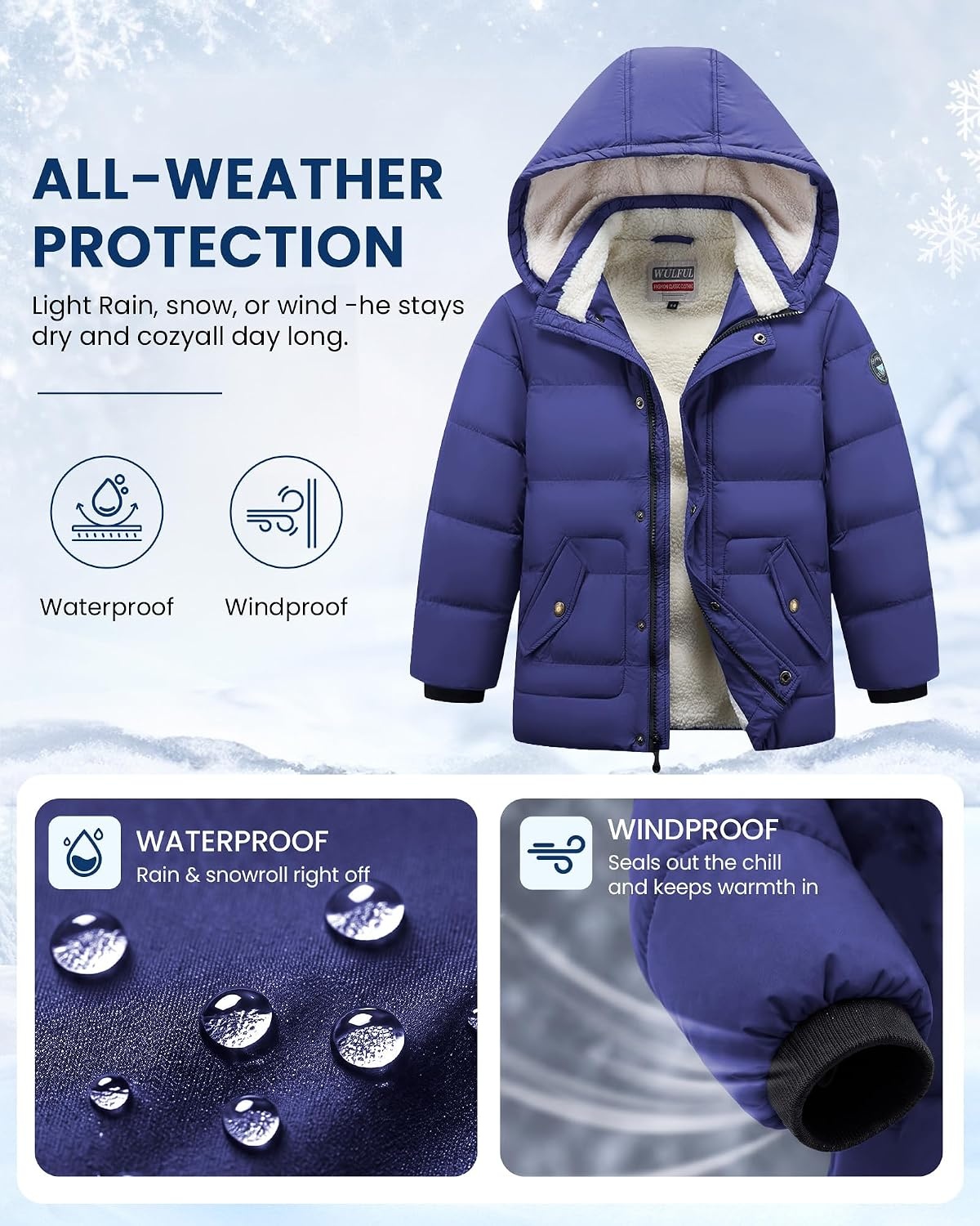 image:imageWULFUL Kids Boys Winter Coat Fleece Lined Waterproof Jacket Thick Hooded Puffer Cotton Parka Down Outdoor CoatsNavy