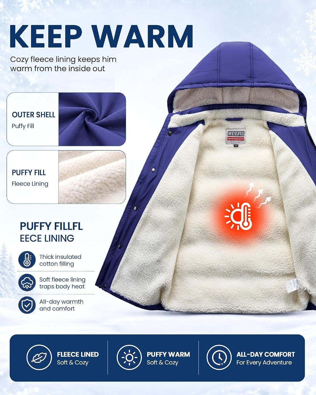 image:imageWULFUL Kids Boys Winter Coat Fleece Lined Waterproof Jacket Thick Hooded Puffer Cotton Parka Down Outdoor CoatsNavy