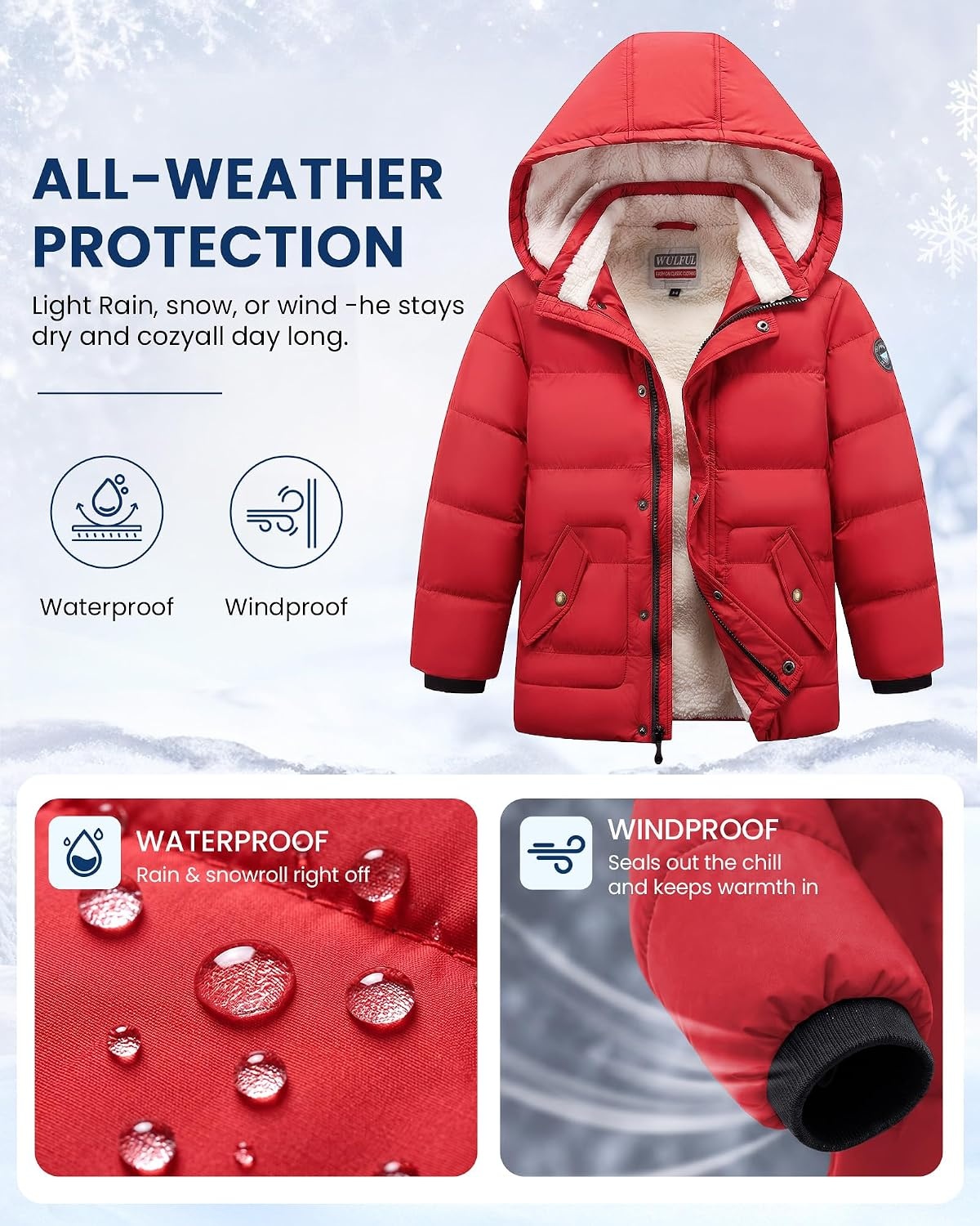 image:imageWULFUL Kids Boys Winter Coat Fleece Lined Waterproof Jacket Thick Hooded Puffer Cotton Parka Down Outdoor CoatsRed