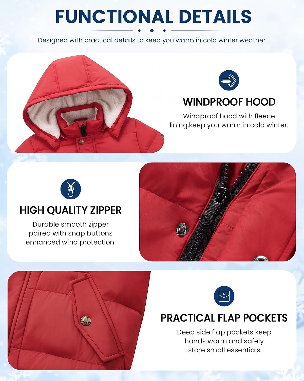 image:imageWULFUL Kids Boys Winter Coat Fleece Lined Waterproof Jacket Thick Hooded Puffer Cotton Parka Down Outdoor CoatsRed
